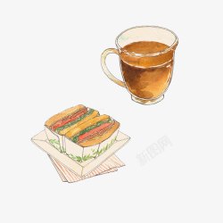 红茶肉红茶和面包手绘画片高清图片