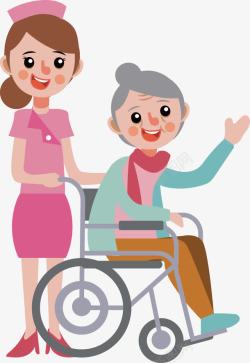 老年患者轮椅卡通护士与老年患者矢量图高清图片