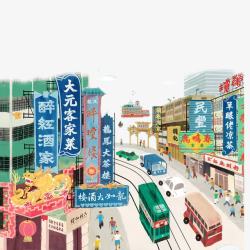 年货手绘街道老香港街道商铺高清图片