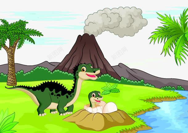 火山与恐龙png免抠素材_88icon https://88icon.com 卡通 可爱 小恐龙 山峰 恐龙 恐龙妈妈 恐龙蛋 手绘 河流 火山 火山手绘 烟雾 童话 绿色 草地