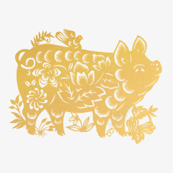 猪年华丽金猪剪纸艺术元素素材