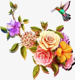 花卉与小鸟彩绘中国风玫瑰高清图片
