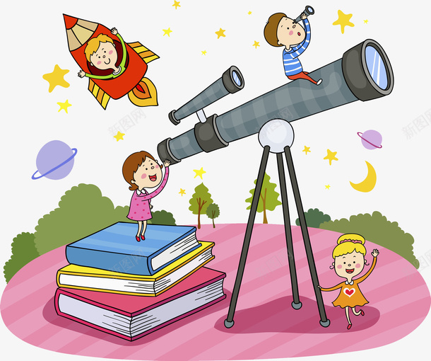 探索太空png免抠素材_88icon https://88icon.com 书本 人物望远镜 卡通 女孩 彩色 手绘 望远镜 火箭 男孩
