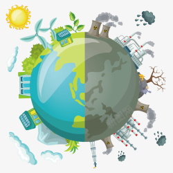 卡通蓝天绿树背景被污染的地球手绘矢量图高清图片