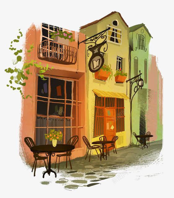 欧式街角建筑png免抠素材_88icon https://88icon.com 卡通手绘 古建筑手绘图 咖啡厅 复古建筑 洋房 餐厅