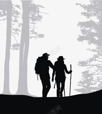 旅行者背包客两人携手丛林剪影图标图标