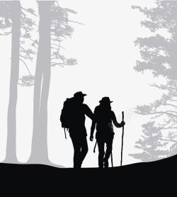 旅行者剪影背包客两人携手丛林剪影图标高清图片