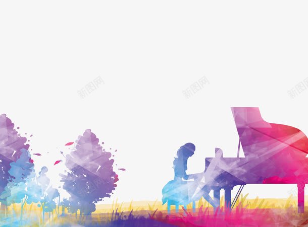 炫彩钢琴psd免抠素材_88icon https://88icon.com 女孩 弹钢琴 彩色钢琴 树木 潮流 炫彩
