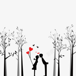 卡通树下接吻的情侣素材