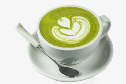 白色勺子叉子绿色爱心抹茶白色茶杯高清图片