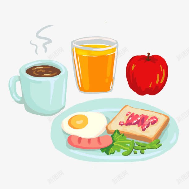 营养早餐套餐油画风矢量图ai免抠素材_88icon https://88icon.com 咖啡 手绘 橙汁 水果 火腿 苹果 鸡蛋 矢量图