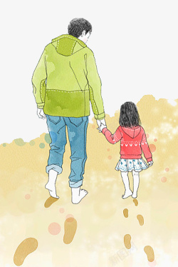 水彩插图父亲节手拉女儿散步背影素材