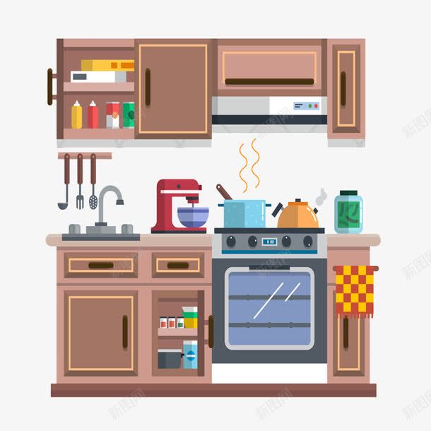 棕色温馨厨房png免抠素材_88icon https://88icon.com 创意橱柜 勺子 家具 家居 搅拌机 橱柜 油烟机 油烟机卡通 炉灶 烤箱 锅碗瓢盆