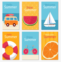 面包车6款彩色夏季卡片矢量图高清图片