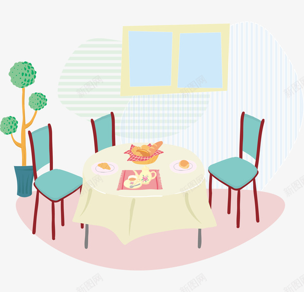 家庭餐桌餐椅和盆栽png免抠素材_88icon https://88icon.com 家居用品 温馨的 窗户 绿植 美食 餐桌餐椅