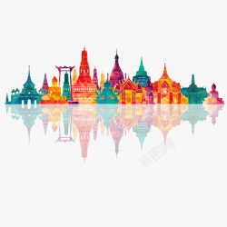 彩色泰国建筑群手绘矢量图素材