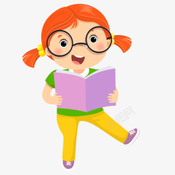 戴眼镜小学生卡通看书的小女孩高清图片
