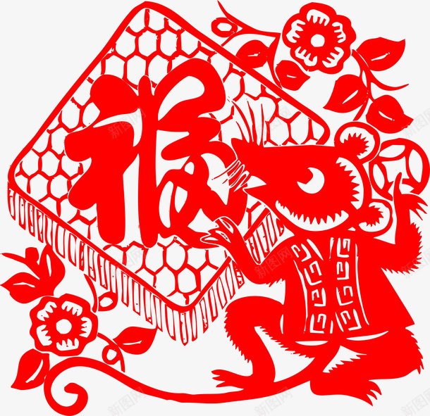 红色剪纸png免抠素材_88icon https://88icon.com png图形 png装饰 喜庆 红色 老鼠 花朵 装饰