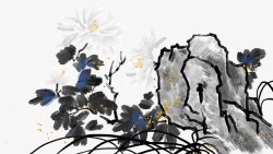 水墨中国风白菊与山石插画素材