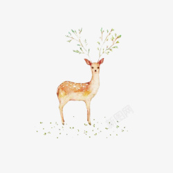 清新水墨画树叶犄角的小鹿创意手绘插图高清图片