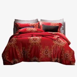 大红纯棉布料结婚床上用品四件套贡缎新婚高清图片
