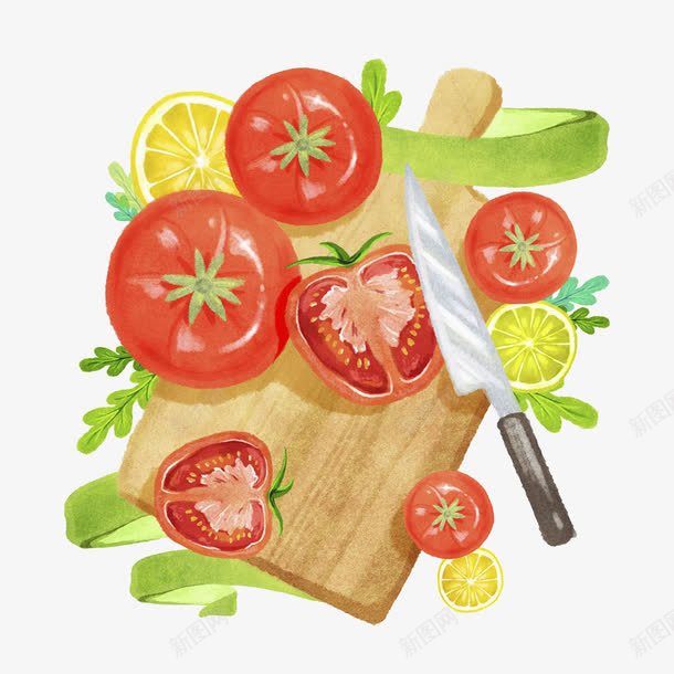 番茄和案板插画png免抠素材_88icon https://88icon.com 切 厨具 新鲜 有机食物 柠檬 水彩 番茄和案板插画 蔬菜 西红柿