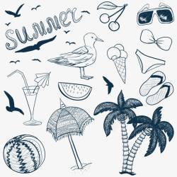 西瓜海鸥手绘不同元素的夏天矢量图高清图片