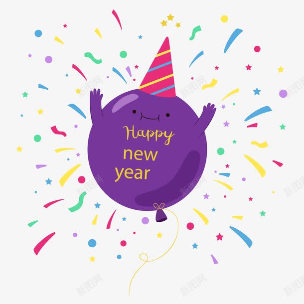 紫色气球新年贺卡png免抠素材_88icon https://88icon.com 彩色碎片 新年装饰 活动装饰 紫色气球 背景装饰