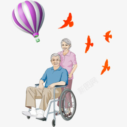 老年患者轮椅卡通坐在轮椅上散心的老年人高清图片