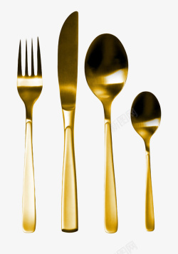 舀取金色的叉子和刀子和不锈钢汤勺实高清图片