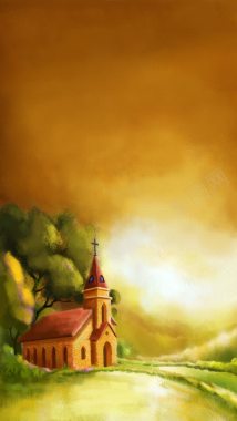 山中的教会油画背景