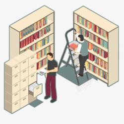 卡通图书馆整理书架的店员素材