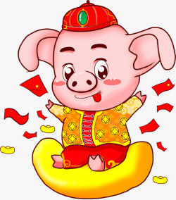 坐着喝水的小猪坐在金元宝上的小猪高清图片