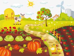 彩色色块菜园农场小鸡和牛高清图片