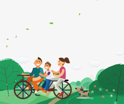 绿色骑行家庭郊游卡通插画高清图片