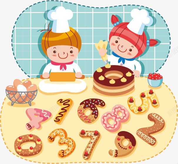 卡通png免抠素材_88icon https://88icon.com 儿童 卡通 厨师 手绘 插图插画 数字早教 数字糕点 蛋糕 面包