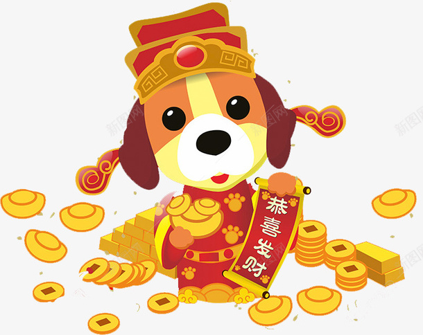 拿着金元宝的狗狗png免抠素材_88icon https://88icon.com 卡通 商务 壁纸 封面 彩色手绘 恭喜发财 插图 狗狗 金元宝