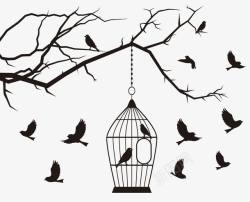 黑色树干鸟笼和鸟高清图片
