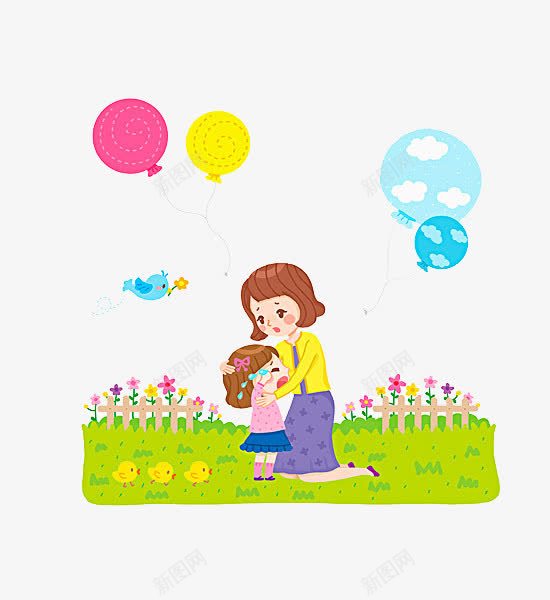 卡通哭泣的女孩png免抠素材_88icon https://88icon.com 免扣花园 卡通 哭小孩 哭泣的女孩 妈妈抱着哭泣的孩子 气球 花朵