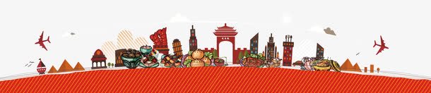 手绘中国风美食与城市png免抠素材_88icon https://88icon.com 中国风 城市 扁平古建筑 手绘 红色 美食