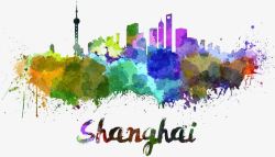 上海剪影彩色墨迹城市剪影高清图片