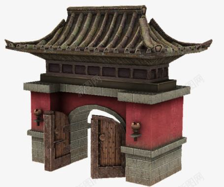 红色大门与围墙3d模型图标图标
