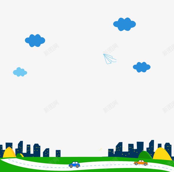 卡通道路背景装饰png免抠素材_88icon https://88icon.com png图片素材 免费png素材 公路 建筑 汽车 草地 蓝色云朵