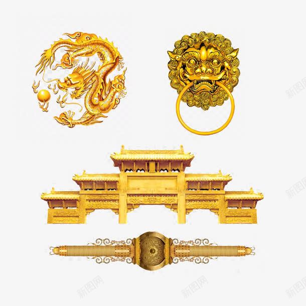 中式金黄元素png免抠素材_88icon https://88icon.com 中式 建筑 金碧辉煌 金黄 金龙 金龙图案 门头 龙