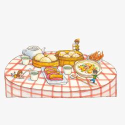 大虾饺卡通一桌的早茶点心插画高清图片