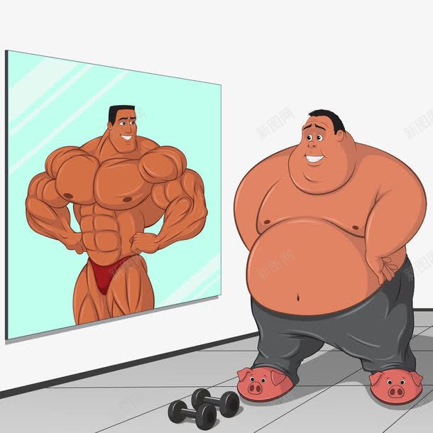 胖子与肌肉男png免抠素材_88icon https://88icon.com 卡通 哑铃 大胖子 大镜子 强壮的男人 强壮肌肉男 手绘 照片 照镜子 肌肉男 肌肉男漫画 胖子 运动器材 镜子 镜子里的人