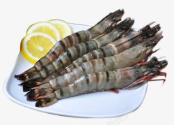 海鲜绿色食品白色盘子中的越南进口黑虎虾高清图片