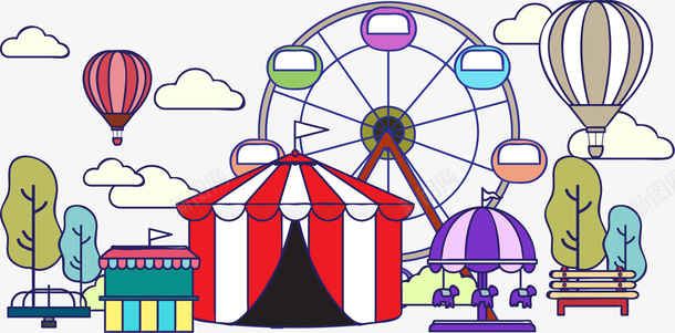 手绘游乐场卡通装饰图案矢量图ai免抠素材_88icon https://88icon.com 创意插画 手绘 插画 摩天轮 欢乐谷 游乐场 热气球 装饰图案 矢量图