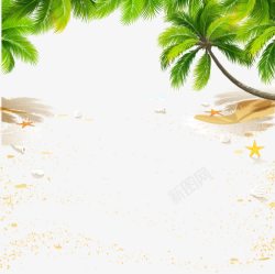 绿色沙滩帽黄色流沙沙滩海星椰树背景高清图片