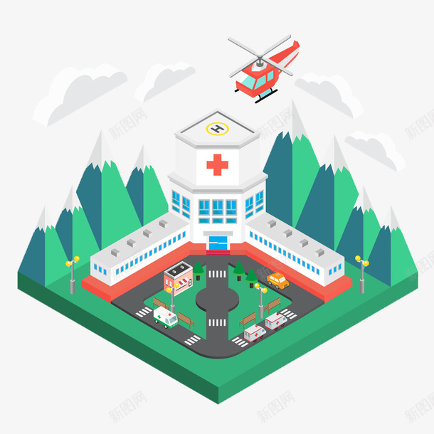 山中的医院救护中心png免抠素材_88icon https://88icon.com 3D 俯视图 创意 医院 卡通 多彩 手绘 救护中心 救护车 飞机